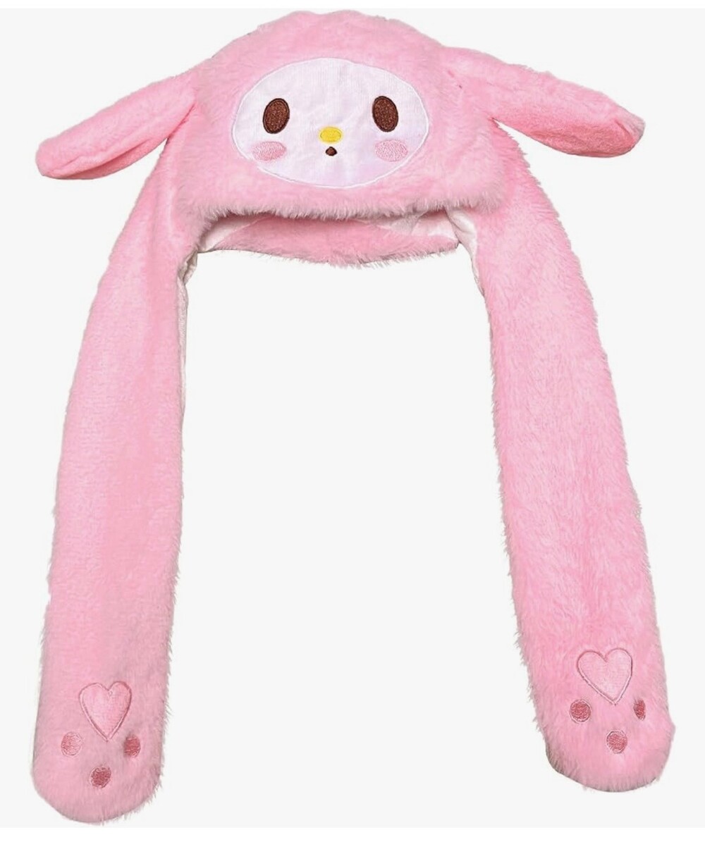 Pink Plush Bunny Hat with Long Ears and Red Polka Dot Bow